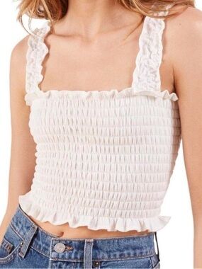 Reformation White Smocked Ruffle Crop Tank